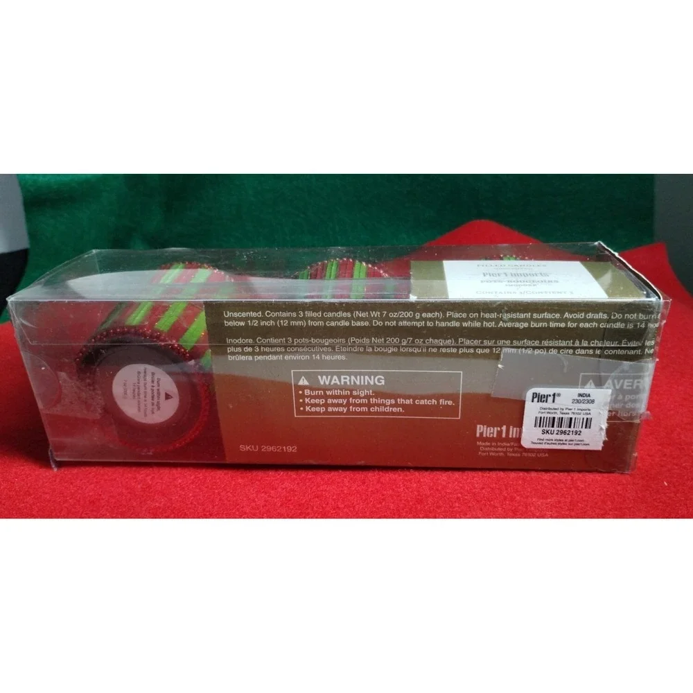 Pier 1 Imports Christmas Red & Green Mosaic Stripes Beaded Edge Votive Candles